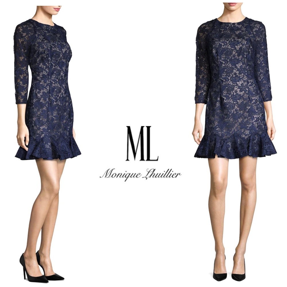 Monique Lhuillier Lace Overlay Peplum Hem Dress - Picture 3 of 10